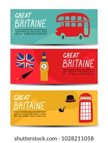 vector flat London, United kingdom, great britain symbols isolated banners set. British flag, phone booth, double decker bus, Big Ban Tower of London, gentleman hat, umbrella, smoking pipe icon.