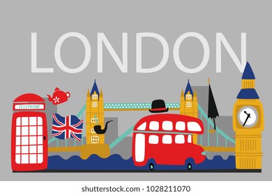 vector flat London, United kingdom, great britain symbols poster infographic template. British flag phone booth, double decker bus, Big Ban Tower, Bridge of London, gentleman hat umbrella pipe