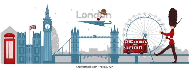 Vector Flat London, United Kingdom, Great Britain Symbols Concept Set. Marching Beefeater, British Phone Booth, Tower Bridge And Big Ban Tower Of London, Gentleman Hat, Umbrella, Smoking Pipe Icon.