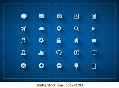 Vector flat long shadow icon set on blueprint background. 