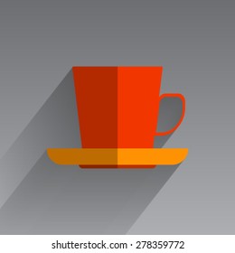 Vector flat long shadow illustration of a tea cup on a saucer for your design