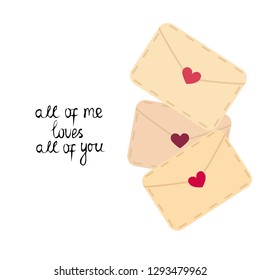 Vector flat love envelope, letter with hearts and greeting lettering