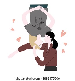 Retrato vectorial de amor ilustrativo de besar chicas aisladas en blanco. Tarjeta de saludo para el Día de San Valentín. Amor entre personas del mismo sexo. Pareja gay femenina. Mujeres con orientación homosexual. LGBT, lesbianas. 