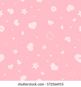 Vector flat love seamless pattern with hearts and flowers. Cute bright color design for gift wrapping paper, greeting cards, posters and banner design
