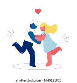 Vector flat loving couple illustration. Cartoon style. Dating young people hugging. Good for Valentine day card design.Romantic happy loving couple. Vector illustration