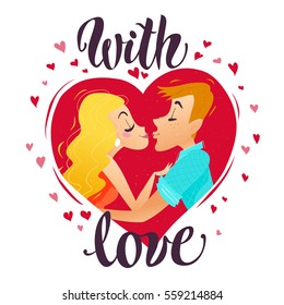 Vector flat loving couple illustration. Cartoon style. Dating young people kissing. Good for Valentine day card design.