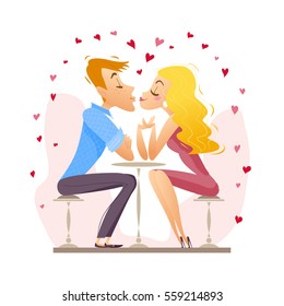 Vector flat loving couple illustration. Cartoon style. Dating young people kissing. Good for Valentine day card design.
