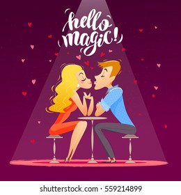 Vector flat loving couple illustration. Cartoon style. Dating young people kissing. Good for Valentine day card design.