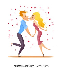 Vector flat loving couple illustration. Cartoon style. Dating young people kissing. Good for Valentine day card design.