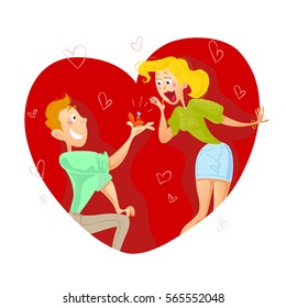 Vector flat loving couple illustration. Cartoon style. Dating young people happy. Boy asking a girl to merry him. Good for Valentine day card design.
