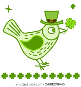 Vector flat Lucky bird with shamrock in its beak. Cute St. Patrick Day illustration