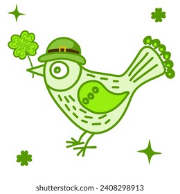 Vector flat Lucky bird with shamrock in its beak. Cute St. Patrick Day illustration