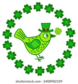 Vector flat Lucky bird with shamrock in its beak. Cute St. Patrick Day illustration