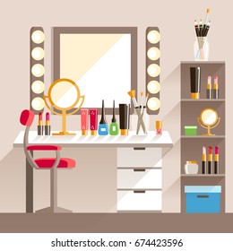 Vector flat Makeup worker's workplace. Mirror, decorative cosmetic, lamps. Lipstick, cream, brush