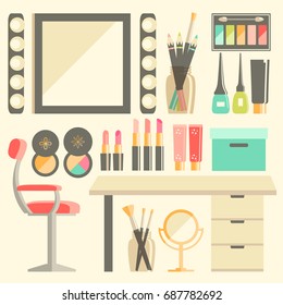 Vector flat Makeup worker's workplace set. Mirror, decorative cosmetic, lamps. Isolated. Furniture and equipment. Modern design.