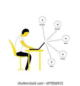 a vector flat male character of a manager or operator sitting in profile with a computer and working in different time zones and regions, as a concept for an international business or support
