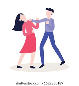 Vector flat male character punching woman in face. Angry women, men expressing violence and aggression. Pissed off people in conflict situation. Isolated illustration.