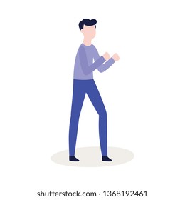 Vector flat male character ready to fight with fists in combat position. Angry man expressing violence and aggression. Pissed off people in conflict situation. Isolated illustration.