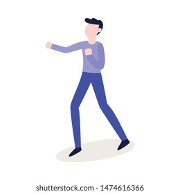 Vector flat male character ready to fight with fists in combat position. Angry man expressing violence and aggression. Pissed off people in conflict situation. Isolated illustration.