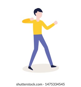 Vector flat male character ready to fight with fists in combat position. Angry man expressing violence and aggression. Pissed off people in conflict situation. Isolated illustration.