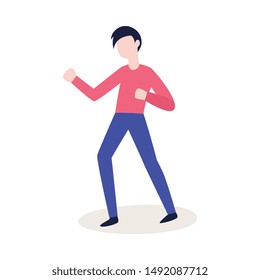 Vector flat male character ready to fight with fists in combat position. Angry man expressing violence and aggression. Pissed off people in conflict situation. Isolated illustration.