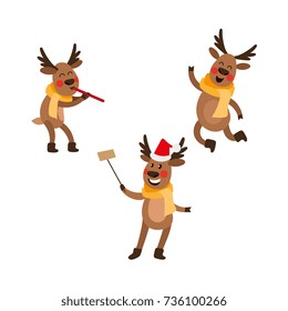 vector flat male christmas reindeer in scarf jumping, dancing, deer playing the pipe, and another one in hat making selfie by selfie stick winter holiday set. Isolated illustration on white background
