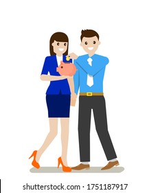 Vector flat male and female with money illustration, save money concept 