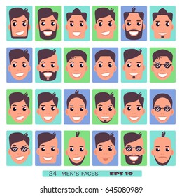 Vector flat male heads set. People characters, different smiled faces, stylish hairs and bearded, men's emotions illustrations