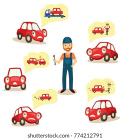 vector flat man with beard, mechanic in uniform holding wrench and car characters thinking about different road accidents, situations needed repairing. Isolated illustration on a white background.