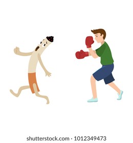 Vector flat man in boxing gloves won in fight with huge evil cigarette monster character with legs and arms running away. Unhealthy nicotine addiction tobacco smoking risk threat concept illustration