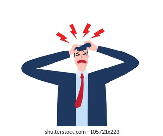 Vector flat man businessman with a headache,
migraine illustration, health problems and pain head,
disease of the head,
emotion, stress work, tired, suffer, 
compassion fatigue, office worker