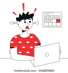 Vector flat man in deadline. Cartoon man is sitting at laptop. Guy with smoke from the ears is working. Office worker or freelancer in a panic. Vector concept of deadline for web. Flat freelancer.