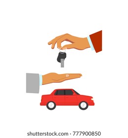 vector flat man hands in formal suit giving key of new car on the background of red vehicle. Isolated illustration on a white background. Car rent or sale concept