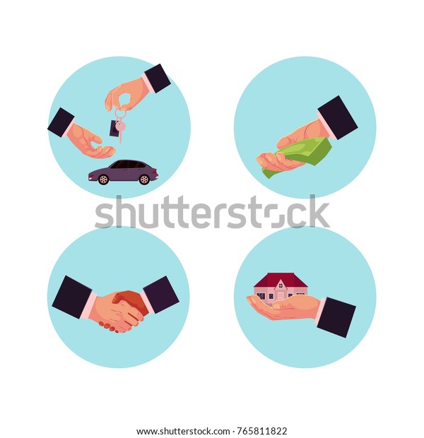 vector flat man hands making business deals\
icon set. Buying, selling and renting a house or car, giving money\
for credit, loan or donation and handshaking. Isolated illustration\
on white background