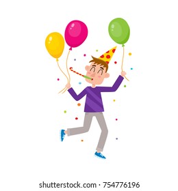 vector flat man in party hat whistling with closed eyes holding colored air balloons in purple festive shirt with confetti around. Birthday holiday concept. Isolated illustration white background.