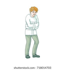 vector flat man in Psychiatric hospital, mental patient uniform and straitjacket suffering from anxiety. Isolated illustration on a white background. Mental illness concept
