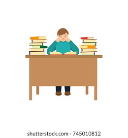 vector flat man reading books. Adult male character in casual clothing sitting at desk at home, library or classroom reading books. Isolated illustration white background