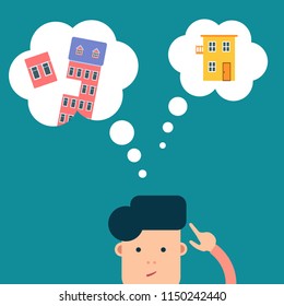 Vector flat man thinking about choosing real estate - to buy or rent house or apartment