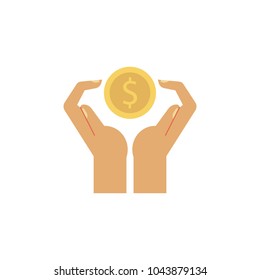 Vector flat man or woman hands holding golden coin with dollar sign. Business finance, banking, currency, saving and charity symbol. Isolated illustration on a white background