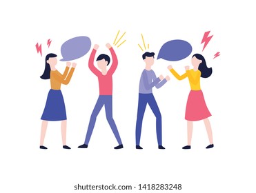 Vector flat man and woman having a fight or quarrel with empty speech bubble and lighting signs. Male female office workers, colleagues, friends or relatives express anger, mistrust hashing things out