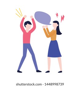 Vector flat man and woman having a fight or quarrel with empty speech bubble and lighting signs. Male female office workers, colleagues, friends or relatives express anger, mistrust hashing things out
