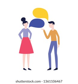Vector flat man and woman negotiating with empty speech bubble. Male, female office workers, colleagues, friends or relatives arguing, communicating. Quarrel and fight between family couple