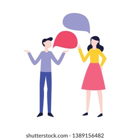 Vector flat man and woman negotiating with empty speech bubble. Male, female office workers, colleagues, friends or relatives arguing, communicating. Quarrel and fight between family couple