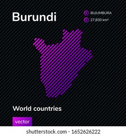 Vector flat map of Burundi in violet colors on striped black background