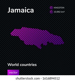 Vector flat map of Jamaica with violet, purple, pink striped texture  on black background. Educational banner, poster about Jamaica
