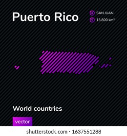 Vector flat map of Puerto Rico in purple colors on te striped black background