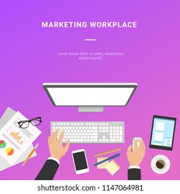 Vector flat marketing workplace from above with tablet, papers with statistics, smartphone and coffee