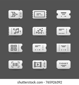 Vector flat material design ticket icon design. Simple and clean icon set. Airplane, train, bus, concert minimalistic style.