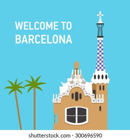 Vector flat material illustration with landmark in Barcelona, Spain. Travel theme. 