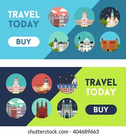 Vector flat material web banner with european landmarks and button. Travel theme.